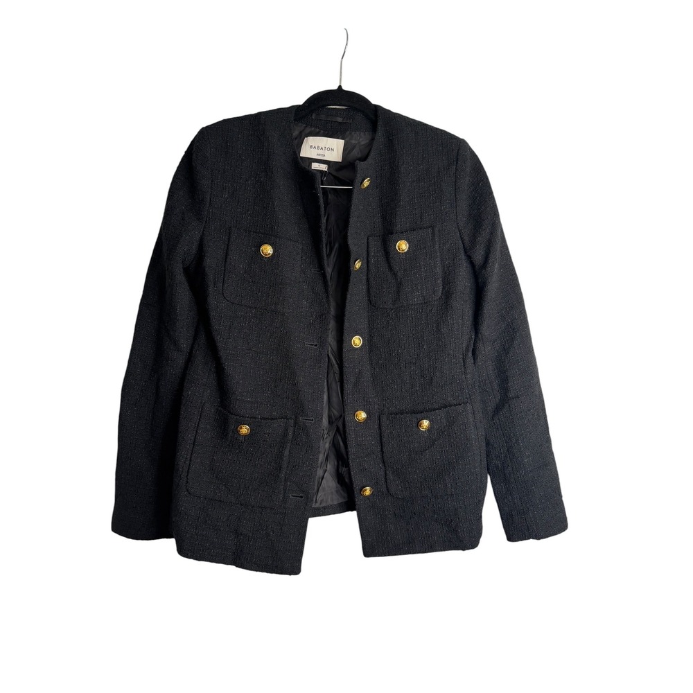 Babaton Aritzia Black Tweed Jacket Gold Crest Button Blazer Women Size 0